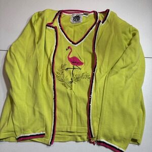 Storybook Knits Flamingo Cardigan Tank Top Set Lime Green Sequin Trim Large EUC